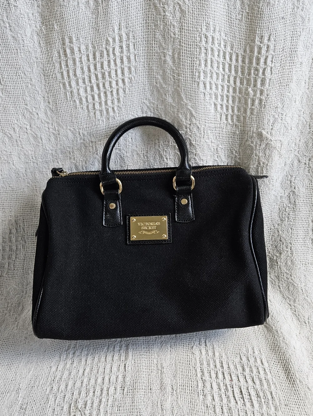 Victoria's Secret Black Canvas Satchel with Gold Hardware